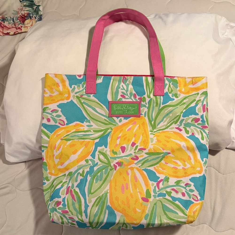 Lilly Pulitzer Estée Lauder Collaboration Lemon Watercolor Canvas Tote 16" NWOT